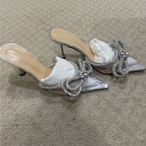 MACH & MACH Glittering Silver Heels with Crystal Bow
